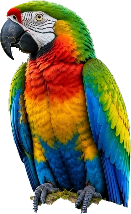A scarlet macaw perched on a mossy branch