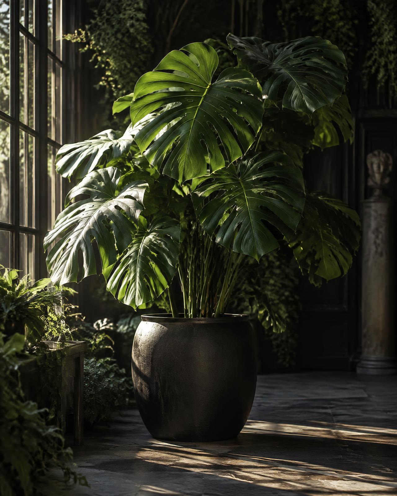 A large monstera in a charcoal pot caught in a shaft of sunlight